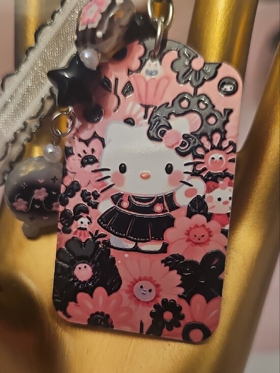 Hello Kitty Other - CHARMS: Hello Kitty Pink and Black Floral Tag Charm with Ribbon
